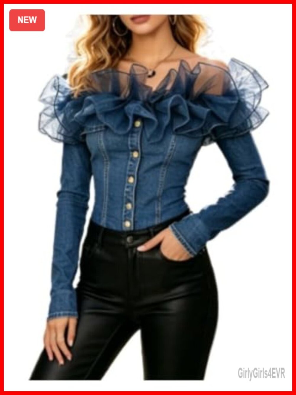 Y2K Off Shoulder Denim Long Sleeve Mesh Ruffle Button Down Top